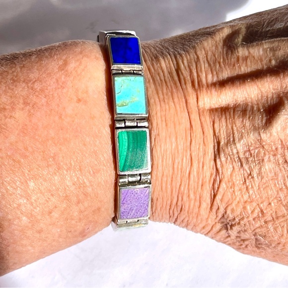 Vintage Taxco Sterling Silver Multiple Gemstone Rect. Panel Bracelet Reversible - Picture 13 of 17